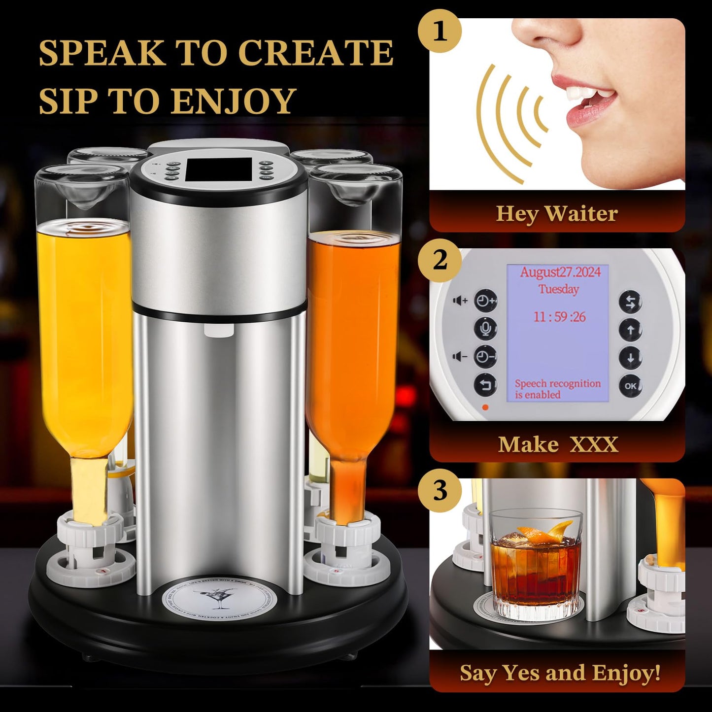 Automatic Cocktail Maker, 170+ Built-In Recipes, Voice & Touch Control, Portable Battery-Powered Design