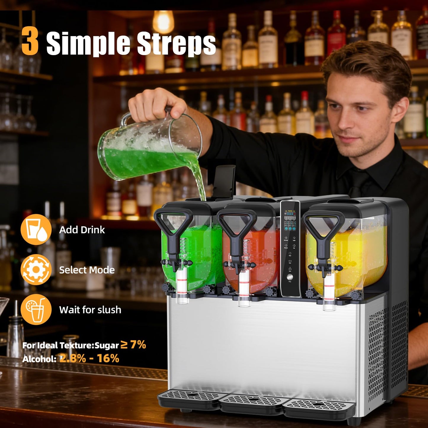 Commercial Slushie Machine, 3 Tanks x 1.05 Gallons, Frozen Margarita Maker with LED Lights, Auto Clean, 580W